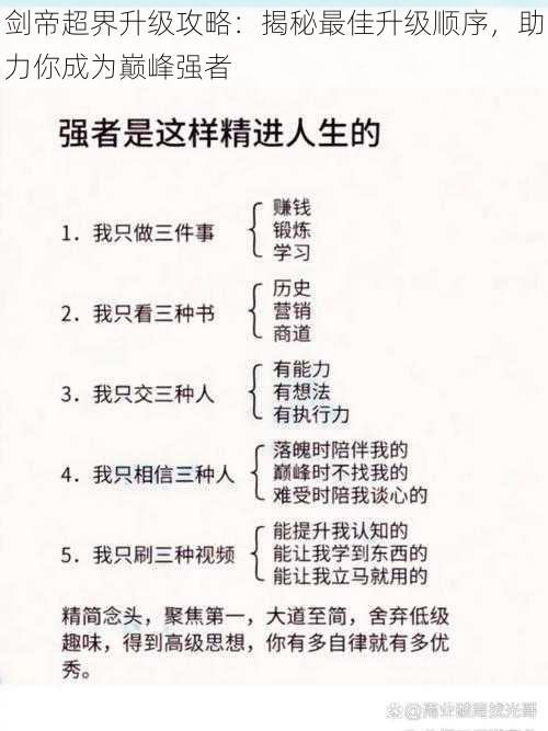 剑帝超界升级攻略：揭秘最佳升级顺序，助力你成为巅峰强者