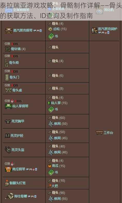 泰拉瑞亚游戏攻略：骨骼制作详解——骨头的获取方法、ID查询及制作指南