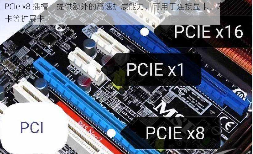 PCIe x8 插槽：提供额外的高速扩展能力，可用于连接显卡、网卡、声卡等扩展卡