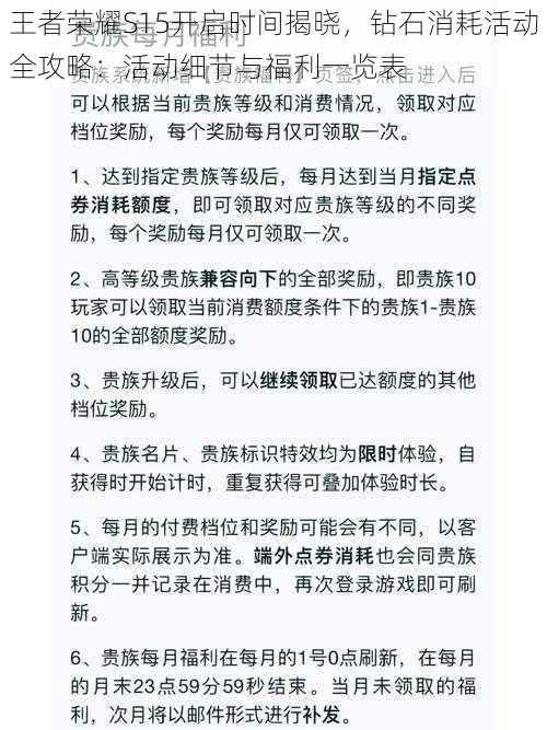 王者荣耀S15开启时间揭晓，钻石消耗活动全攻略：活动细节与福利一览表