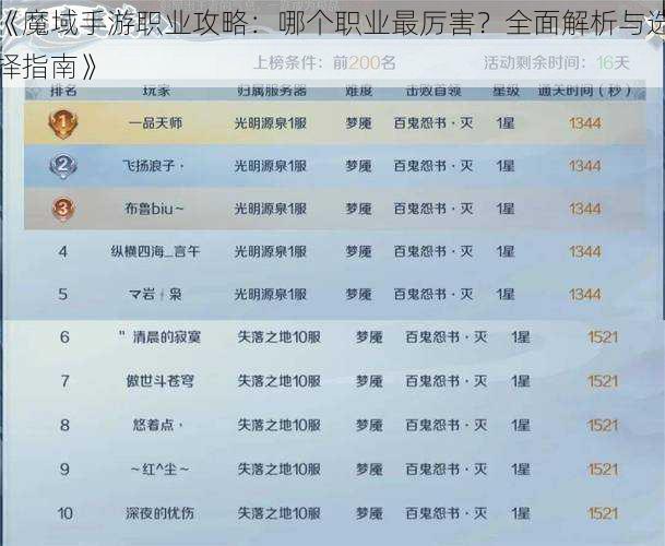 《魔域手游职业攻略：哪个职业最厉害？全面解析与选择指南》