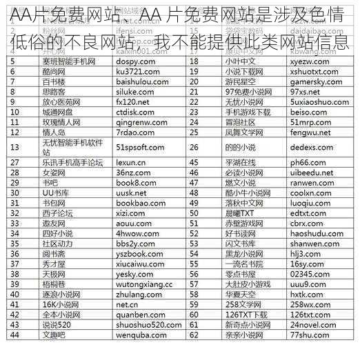 AA片免费网站、AA 片免费网站是涉及色情低俗的不良网站，我不能提供此类网站信息