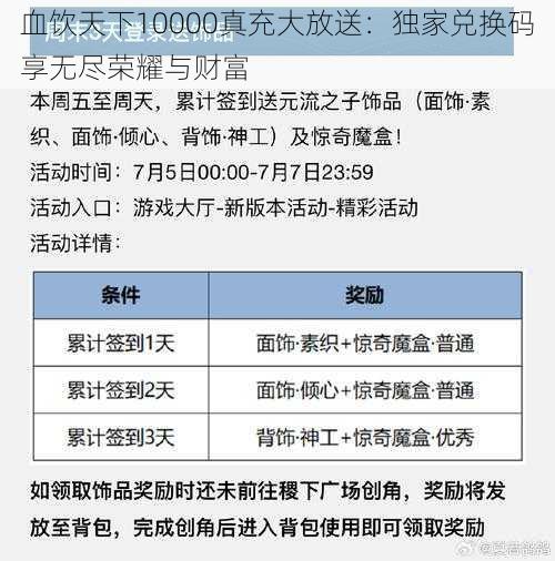 血饮天下10000真充大放送：独家兑换码享无尽荣耀与财富